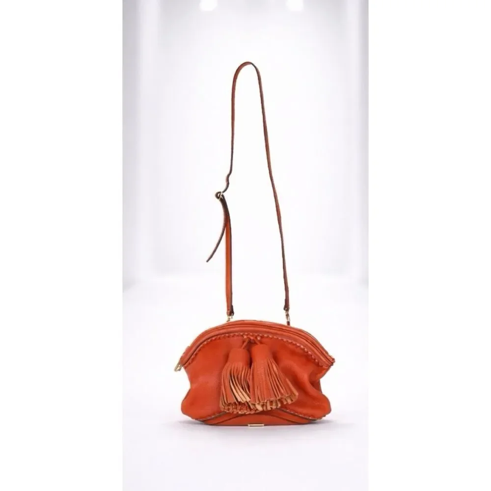Authentic BURBERRY PRORSUM Tassel Calf Crescent leather Crossbody Bag in Orange